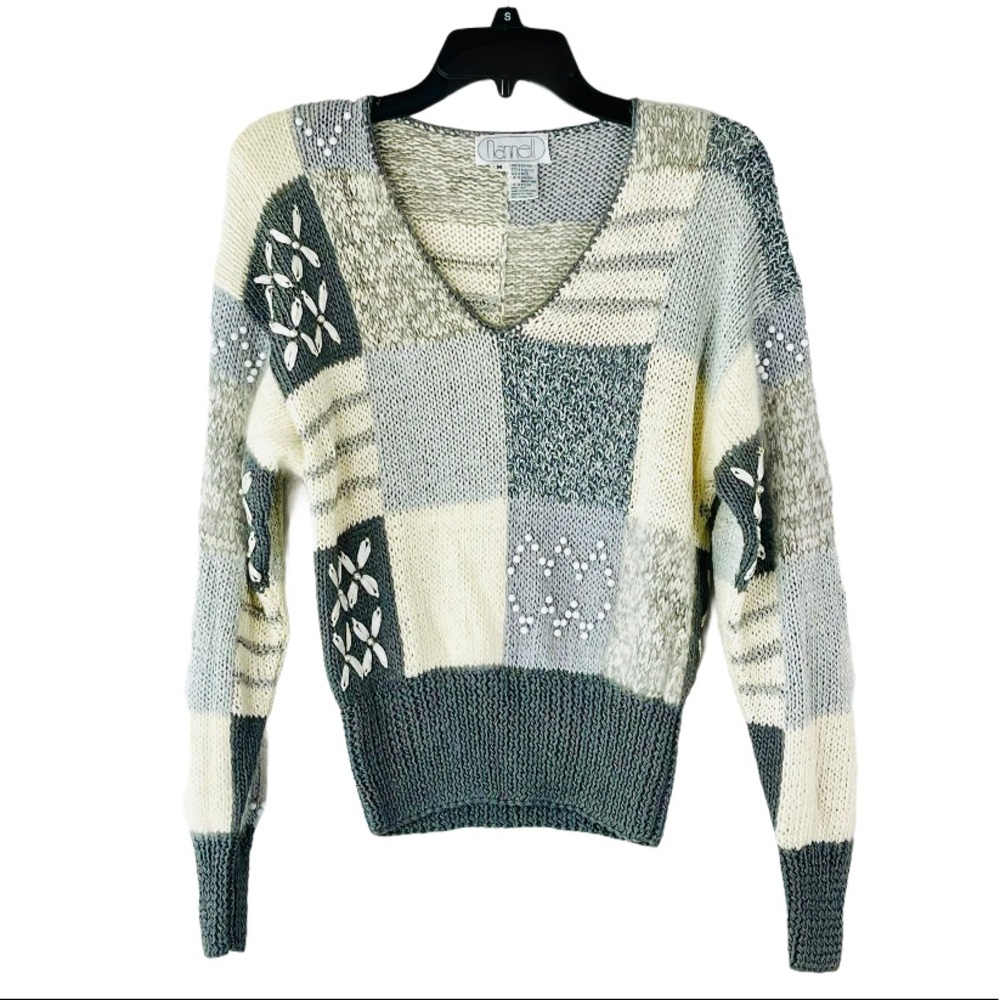 Nannell wool angora blend vintage beaded sweater grey ivory patchwork